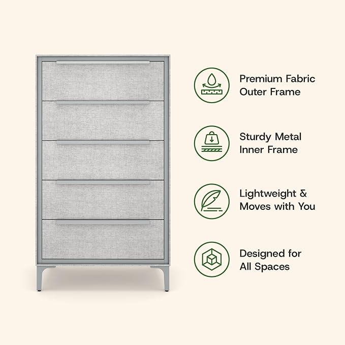 tinge Naima Premium Fabric Dresser - Strong Metal Frame, 5 Spacious Sag-Proof Drawers with Sleek Metal Handles - Premium & Durable Storage Solution for Your Home (Silver)