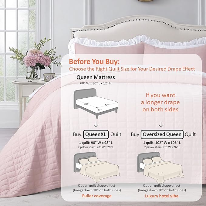 KASENTEX Queen XL Quilt Set 98"x98" – Soft Washed 3-Layer Lightweight Bedspread, Minimalist Nordic Design, All-Season Spring & Summer Quilt Set (1 Quilt + 2 Pillow Shams), Blush Pink