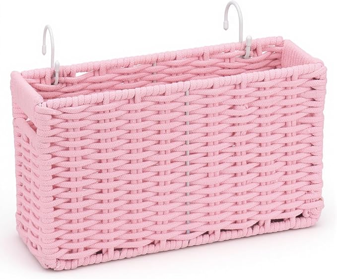 Cotton Rope Woven Bedside Caddy for Dorm Bed, Foldable Bedside Shelf Bunk Bed Accessories, College Dorm Room Essentials Hanging Organizers Storage Basket, Room Decor Magazine File Holder (Pink)