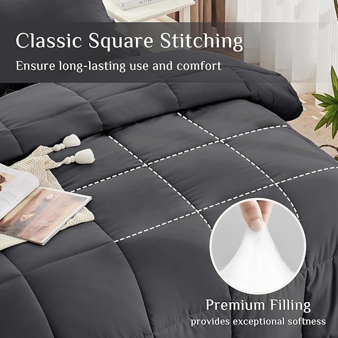 JOLLYVOGUE Twin Comforter Set, Ultra-Soft Bed in a Bag Twin Size 5 Pieces, Oeko-TEX Certified Bedding Set with Down Alternative Comforter, Sheets, Pillowcases & Shams, Dark Grey