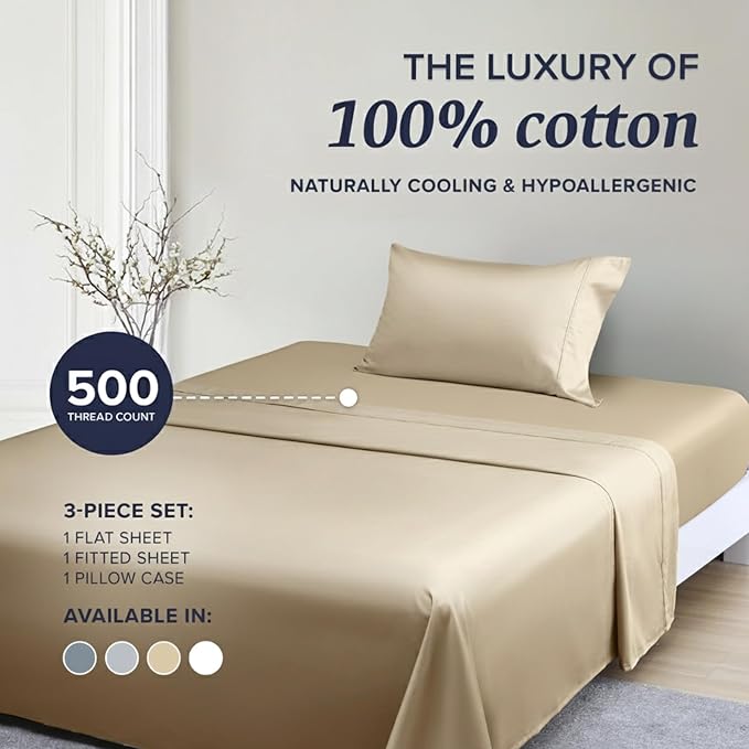 Beckham Hotel Collection Twin Sheet Set 100% Cotton, 500TC Luxury Sateen Bedding, 16” Deep Pocket, Moisture-Wicking, 3-Piece, Sand