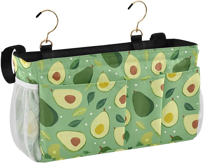 Bedside Caddy Hanging Bunk Bed Caddy Bed Organizer Hanging Pocket with 2 Hooks Bedside Storage Organizer Pocket Bag Holder Green Avocado and Leaf