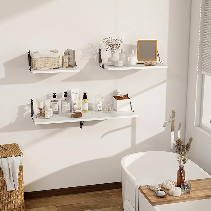 Dreamland Deep Floating Shelves, 24" W x 12" D Wall Shelves Set of 2, Wide Display Shelf Wall Mounted with Brackets, Bookshelf for Living Room, Bathroom, Bedroom, White