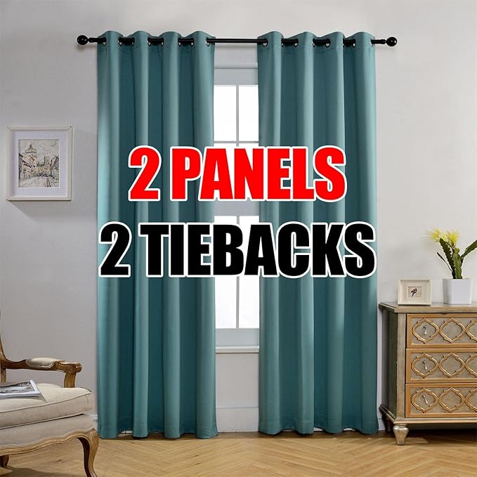MIUCO 1 Pair Thermal Insulated Grommet 52-Inch-by-95-Inch Blackout Window Curtain Panels with 2 Tie Backs Teal