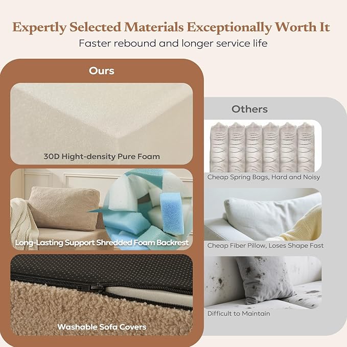 Loveseat Sofa, Cloud Modular Sofa Couch, Upholstered Floor Sofa with Deep Seat, Upholstered Foam Couch for Bedroom Living Room, No Assembly Required (Teddy Boucle, Camel)