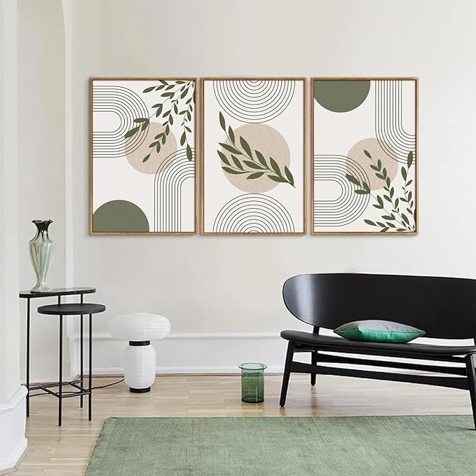 Yeehomedec Boho Sage Green Framed Canvas Wall Art, Mid Century Modern Wall Decor, Large Minimalist Botanical Art Print, Abstract Geometric Line Leaf Art Painting for Bathroom Living Room Bedroom Office 16"x24"x3