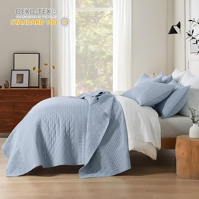 HORIMOTE HOME Light Blue Twin Size Quilt Set - Soft Microfiber Bedspread with 1 Sham, Lightweight & All-Season Geometric Coverlet for Cozy Bedding