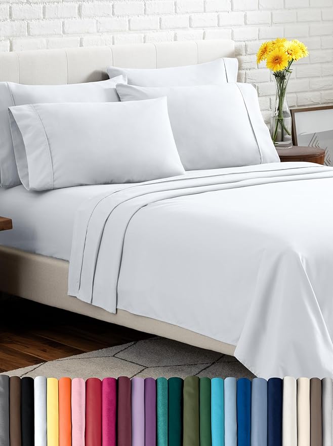 Bare Home Hotel Luxury Split King Sheet Set, Extra Soft - 7 Piece Set - Deep Pockets - Easy Fit - Cooling & Breathable - Wrinkle, Fade, Stain Resistant - Includes 4 Pillowcases (Split King, White)