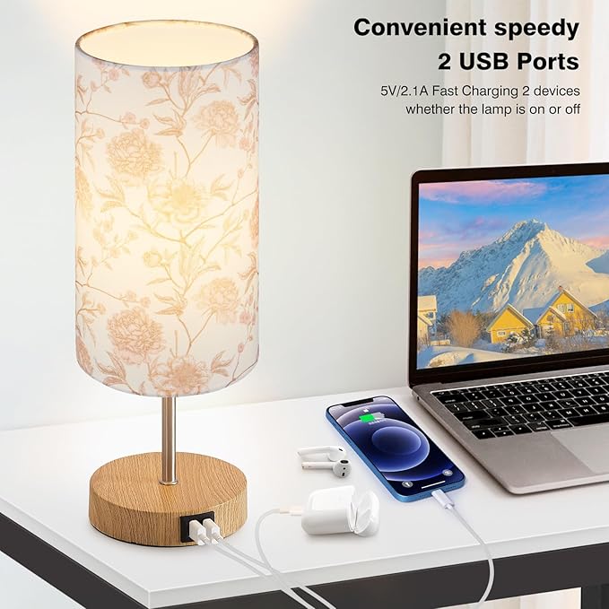 Bedside Touch Lamp, Wood Small Table lamp with 2 USB Charging Ports & Flower Fabric Shade, 3-Way Dimmable Nightstand Lamps for Living Room Bedroom Office Reading Desk Home Dorm Pink