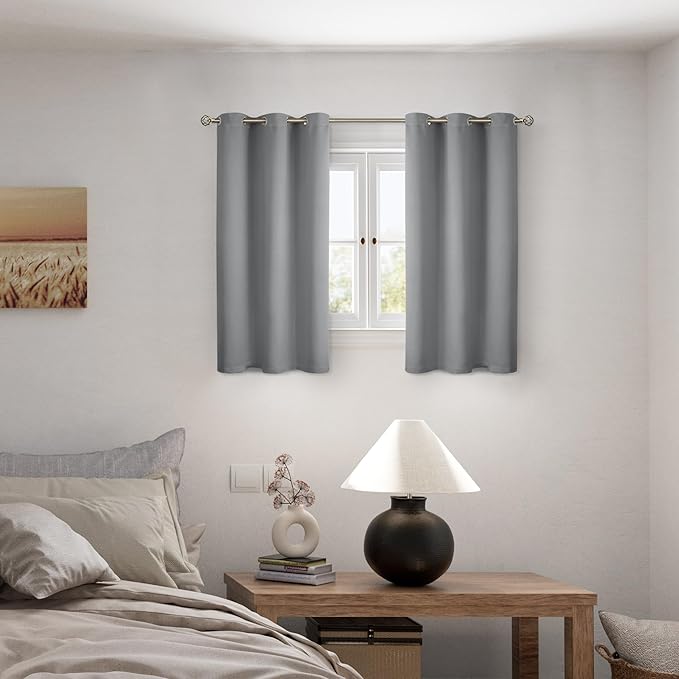 BGment Short 100% Blackout Curtains for Bedroom, Thermal Insulated Energy Efficiency Noise Reducing Grommet Curtains 45 Inch Length with Liner for Small Window 2 Panels Each 42 Inch Wide,Dove Grey