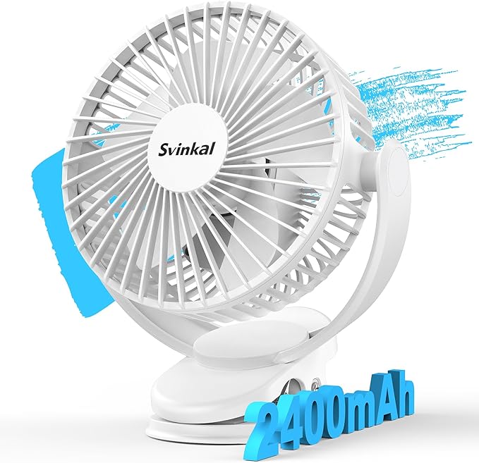 Svinkal usb Personal Clip on Fan 2400mAh Battery Operated 6in, Type C, 3 Speed, 720 adjustment, Small Portable Fan for Table, Bedroom, Desk, dormitory, Camping, Stroller, Golf Cart