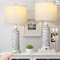 QiMH Table Lamp for Living Room,Bedside Lamps for Bedroom Set of 2 with USB A+C Ports,3-Way Dimmable Touch Control, Modern Coastal White Grey Resin Nightstand Lamp, Included 2700K LED Bulbs