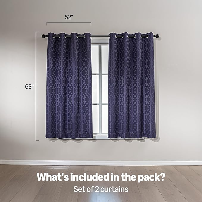 Amazon Basics Jacquard 2-Piece 100% Blackout Curtains, Living Room and Bedroom Drapes, Thermal Insulated Window Treatment, 52"x63", Dark Blue
