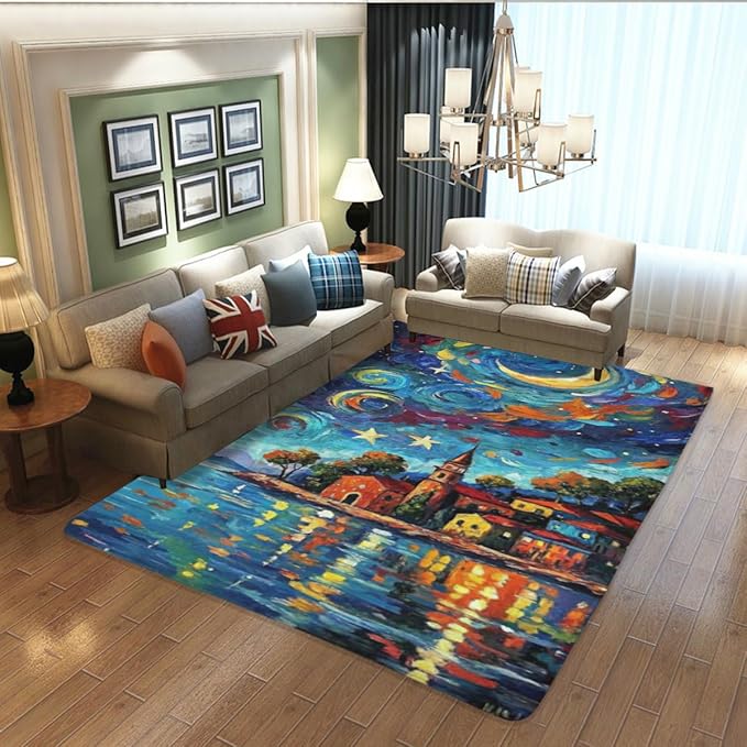 Machine Washable 5' x 8' Seaside Villages and Churches Area Rug, Bule Floor mat, Suitable for bedrooms, Girls' Room Bedside, Living Room, Dining Room, Office, Non-Slip Low-Pile Night Sky Carpet