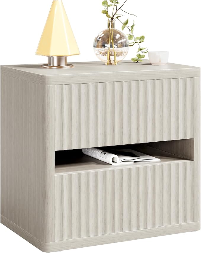 Dripex Fluted Nightstand with 2 Drawers, Large Wide Wood Night Stand Bedside Table for Bedroom, Mid-Century Modern Storage Bed Side Table, End Table for Living Room Sofa Couch, Gray Oak
