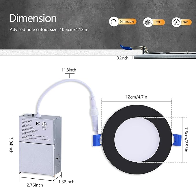 CycevSun 4 Inch Black Recessed Lights with Night Light, Dimmable & 2700K/3000K/3500K/4000K/5000K Selectable, 9W, ETL, IC Rated, 12 Pack