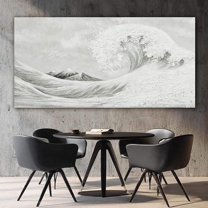 YETHEN WAL Neutral Grey Wave Wall Art – Textured Coastal Canvas Print with Hand-Painted Details, Minimalist Modern Seascape for Living Room Bedroom, 24×48 Inch