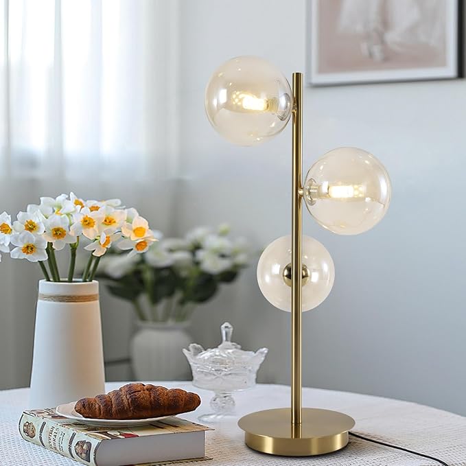 Gold Globe Bedside Lamp, 3 Lights Mid Century Modern Table Lamp, Contemporary Cognac Glass Globe Readin Lamp for Bedroom Living Room Study Room