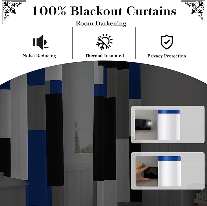 Blue Gray 100% Blackout Curtains for Bedroom 63 inch Length 2 Panels Set White Grey Modern Abstract Geometric Black Out Curtains Insulated Room Darkening Window Drapes for Living Room, 42Wx63L