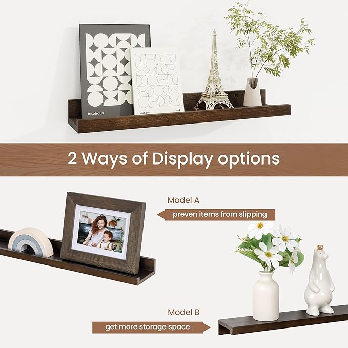 Fun Memories Picture Ledge Shelf, Solid Pine Wood Floating Shelves Set of 4, 16 Inches Nursery Book Shelves for Toys Storage, Kids Bookshelf Wall Mounted for Living Room Decor Photo Frames, Walnut