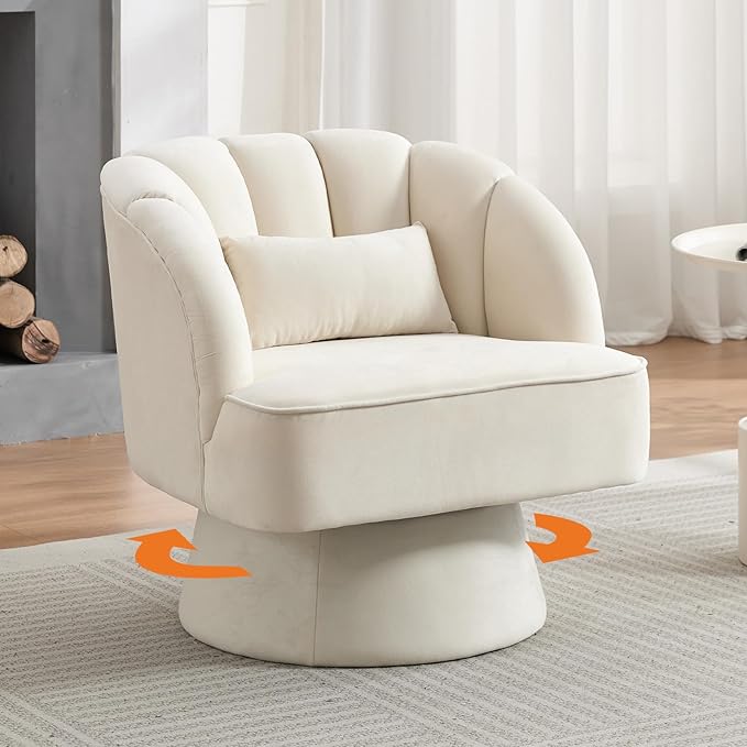 GarveeHome Modern Swivel Barrel Accent Chair, 360 Degree Velvet Upholstered Armchair with Striped Backrest & Plush Padding, Comfy Round Lounge Chair for Living Room, Bedroom, Reading Nook, Beige 2 PCS