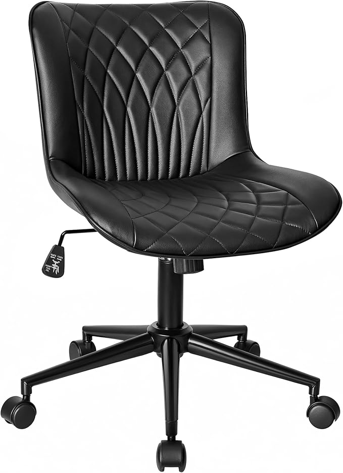 VECELO Mid-Back Desk Chair with Adjustable Height, PU Leather Makeup Vanity Chair with Wheels, Armless Space-Saving Task Chair, for Home Office, Black
