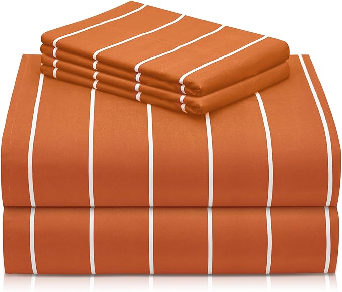 LuxClub 4 PC Sheet Set Bed Sheets Deep Pockets 16" Wrinkle Free Cooling Machine Washable Hotel Bedding Silky Soft - Striped-Autumn Orange California King