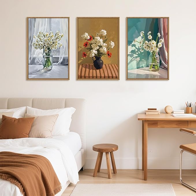 LHIUEM Large Vintage Botanical Floral Framed Canvas Wall Art Set,Boho White Daisy Vase Wall Decor,Modern Flower Sunshine Prints,Rustic Wildflower Artwork for Living Room,Bedroom,Dining Room,Office -16"x24"x3