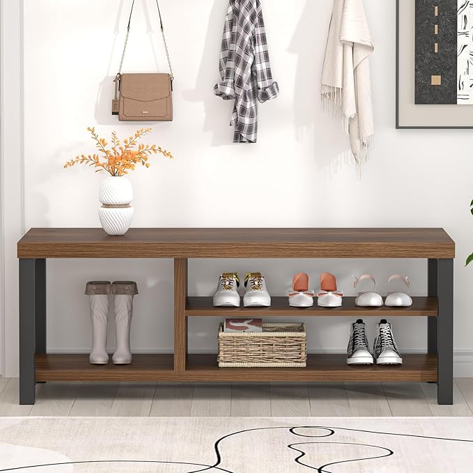 FOLUBAN Entryway Bench, Modern Wood Shoe Bench for Living Room Hallway, Industrial Indoor Shoe Storage Bench Seat, Rustic Walnut, 47 Inch