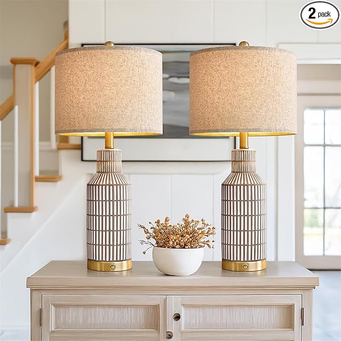 25" Modern 3-Way Dimmable Touch Control with USB A+C Ceramic Lamps Set of 2 Table Lamp for Living Room Bedroom Farmhouse Nightstand Bedside Brown