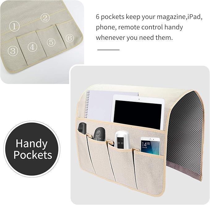 SYSOV Sofa Armrest Organizer, Remote Control Holder for Recliner Couch, Arm Chair Caddy with 6 Pockets for Magazine, Tablet, Phone, iPad (Beige, W19'' x L33'')