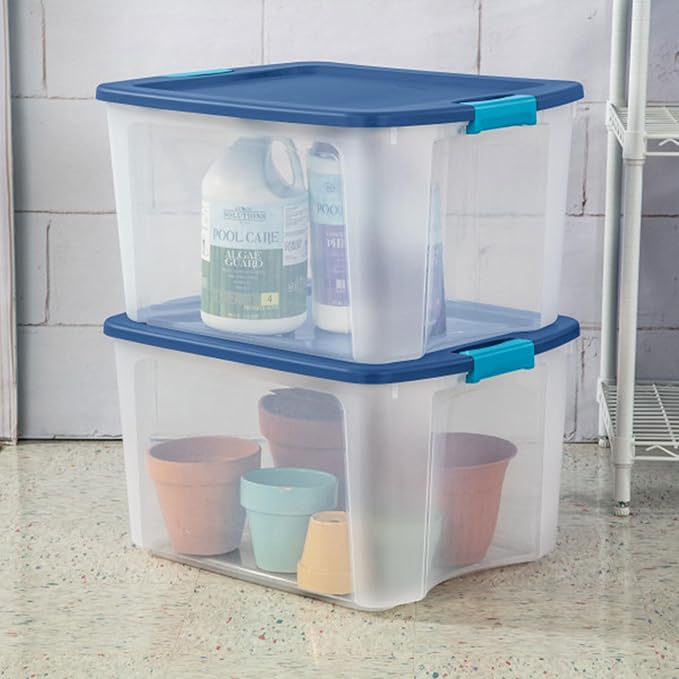 Sterilite 18 Gal Latch and Carry, Stackable Storage Bin with Latching Lid, Plastic Container to Organize Closets, Clear with Blue Lid, 18-Pack