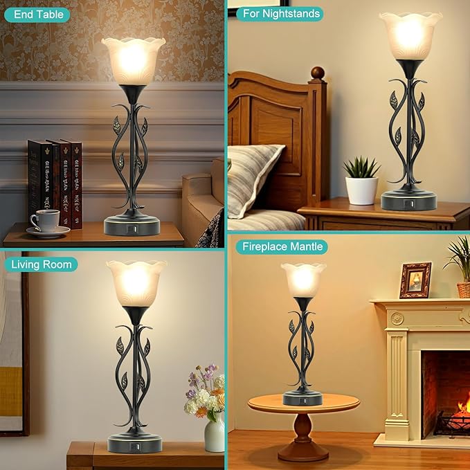 Bedside Lamps Set of 2, Table Lamp with USB Port 3 Way Dimmable Touch lamp Torchiere Nightstand Lamps with Rustic Vines Leaf and Glass Flower Shade lamp for Bedroom, Living Room, Office
