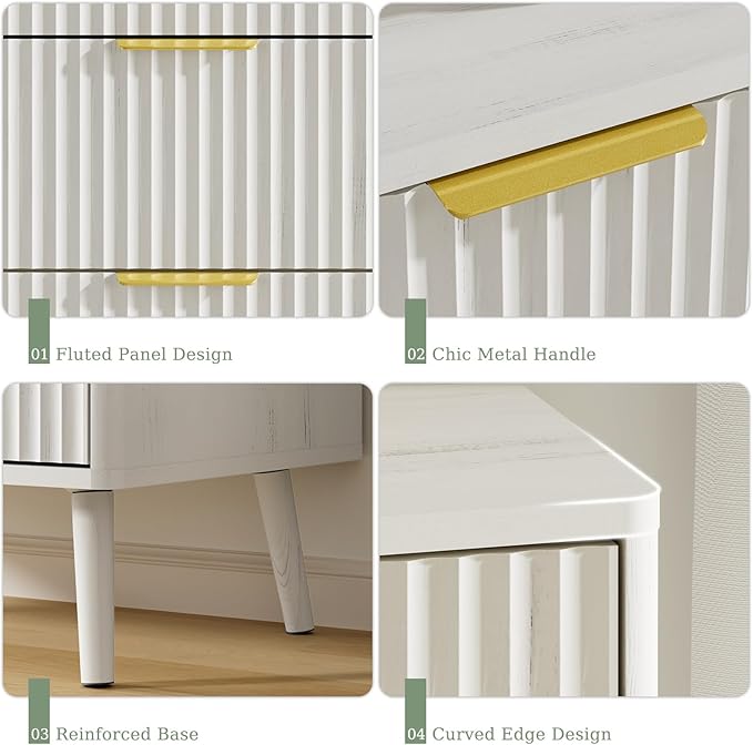 LYNSOM Fluted 5 Drawers Dresser, 45" Tall Modern Chest of Drawers with Curved Profile Design and Metal Handle, Wood Drawer Organizer for Bedroom, Living Room, Hallway, Entryway, White