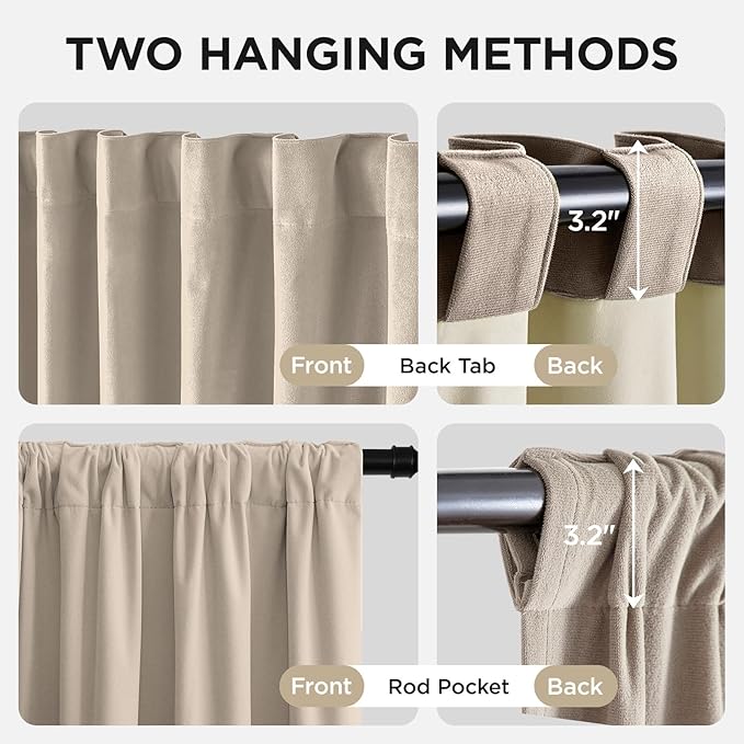 Joydeco Light Beige 100% Blackout Curtains 72 Inch 2 Panels, Luxury Thermal Light Beige Velvet Curtains for Bedroom Living Room, Soundproof Blackout Window Drapes, Rod Pocket & Back Tab (52W x 72L)