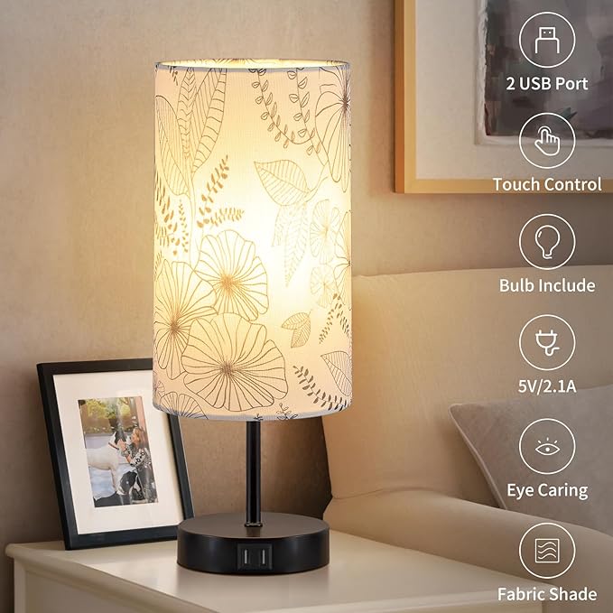 Bedside Touch Lamp with 2 USB Ports, Modern 3 Way Dimmable Small Lamp with Flower Fabric Shade, Nightstand Lamp for Living Room Bedroom Office End Table Dorm Room Kids Reading(E26 LED Bulb Included)