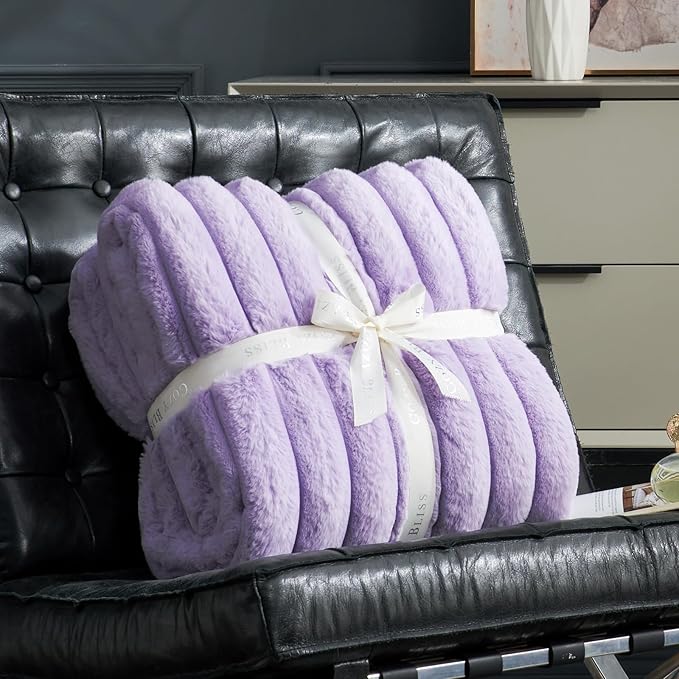 Cozy Bliss Faux Fur Throw Blanket for Couch, Cozy Warm Plush Striped Blanket for Sofa Bedroom Living Room, 108 * 90 Inches Lavender