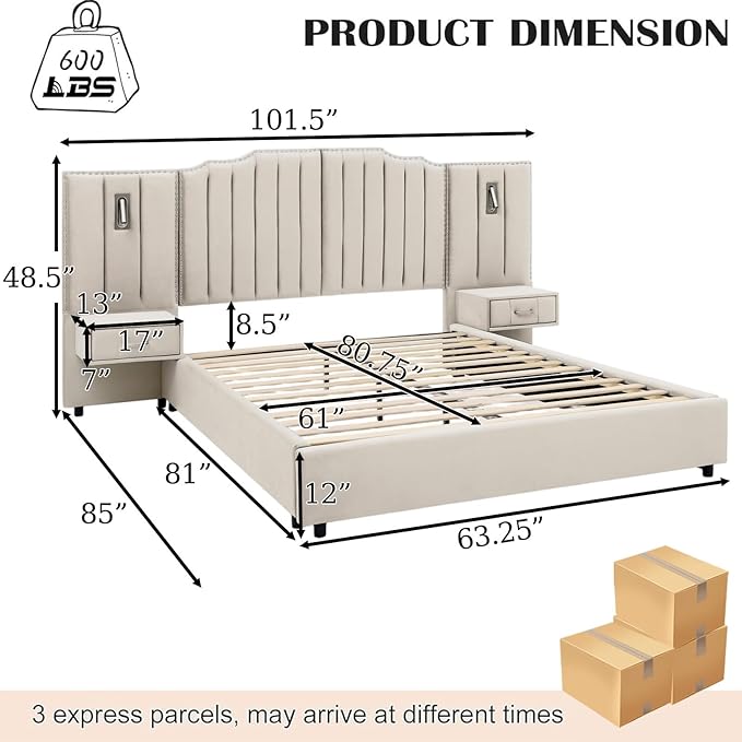 Luxury Queen Bed Frame with Headboard and Storage, Velvet Fabric Upholstered Platform Bed Frame Queen Size with LED Lights, Solid Frame & Bedside Table, No Box Spring Needed, Beige