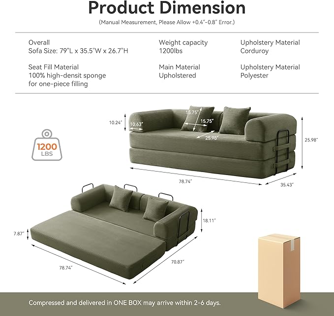 Sleeper Sofa, Comfy Convertible Folding Couch-Futon-Corduroy Fabric Sleeper Sofa Bed with 2 Pillow, Removable Soft Cushion for Small Living Room Dorm/Bedroom/College/Office (Light Green)