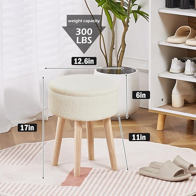 Mxfurhawa Storage Ottoman Foot Stool Teddy Velvet Round Vanity Stool Tray Top Footstool with Wood Legs Upholstered Foot Rest Ottoman for Living Room, Bathroom, Makeup (White)