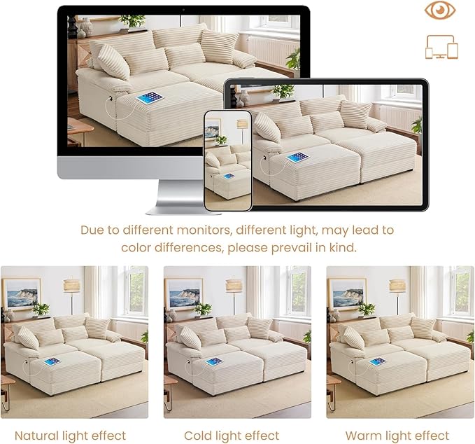 74" Double Chaise Lounge Chair Indoor, Oversized Loveseat with Removeable Ottoman, Corduroy Couch with USB Charging, Storage Ottoman, and Coffee Table Cushions for Living Room (2 Chaise Beige)