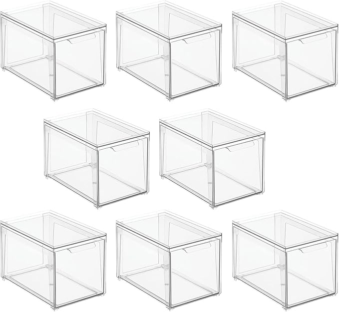 mDesign Plastic Stackable Bathroom Storage with Pull Out Bin Organizer Drawer for Cabinet, Vanity, Shelf, Cupboard, Cabinet, or Closet Organization - Lumiere Collection - 8 Pack - Clear