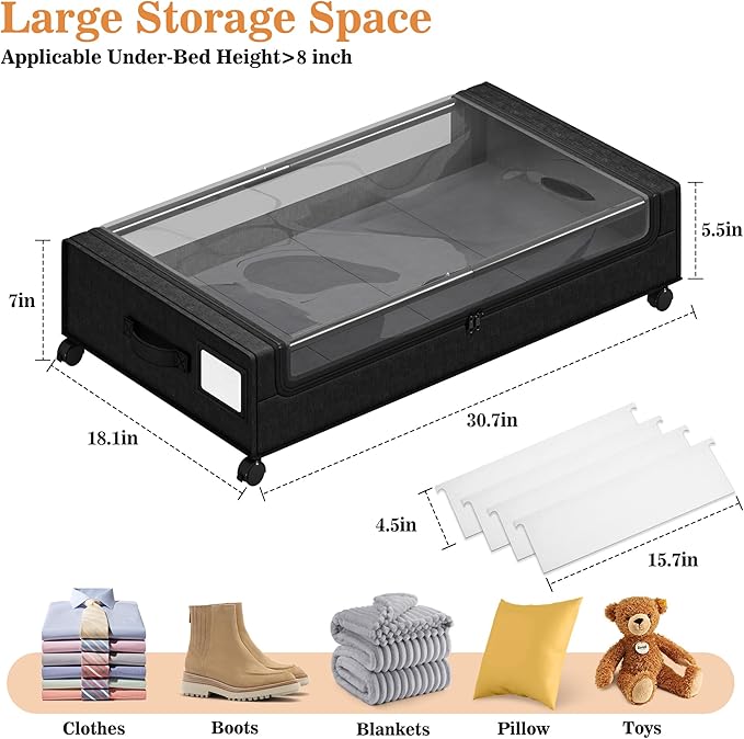 2 Pack Under Bed Storage with 4 Dividers, Large Under Bed Storage Containers with Wheels for Clothes, Shoes, XXL Rolling Underbed Storage Organizer Bins with Clear Lids and Handles