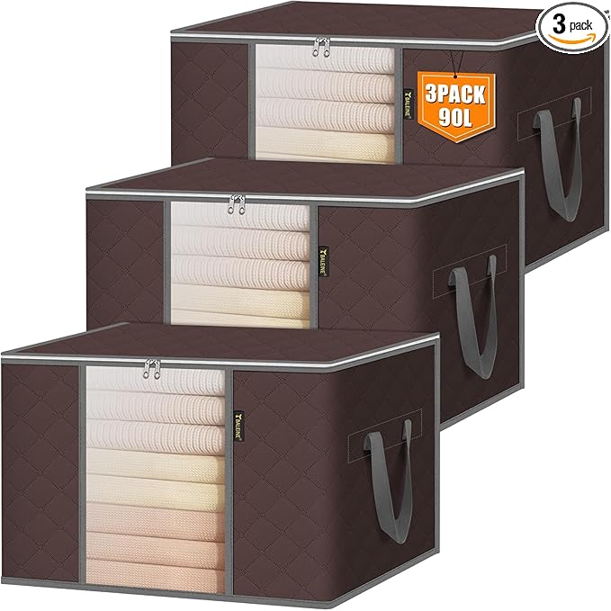 BALEINE 3 Pack Clothes Storage Bags, 24 Gallon Storage Containers with Reinforced Handle, Sturdy Zipper, Closet Organizer for Blanket, Comforter, Pillow, Bedding (Brown, 3 Pack)
