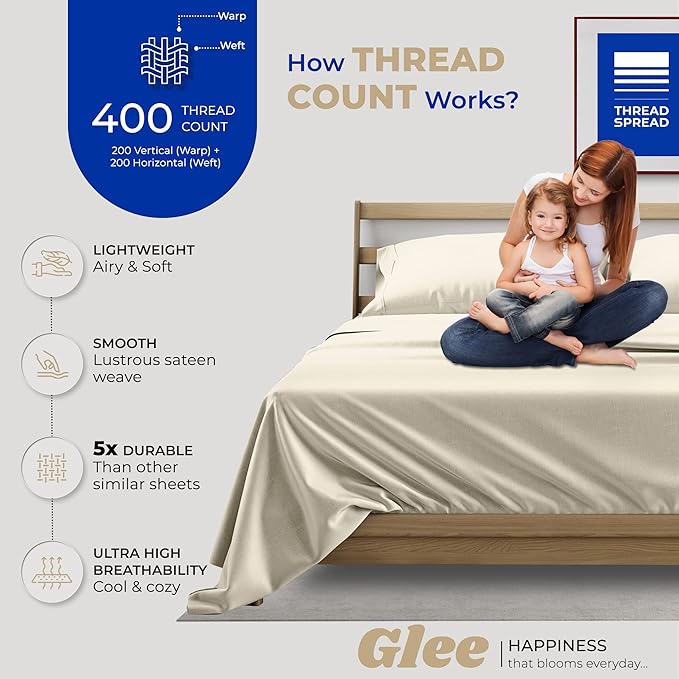 THREAD SPREAD 2-Pack Queen Size Sheets Set - 400 Thread Count 100% Cotton Sateen Weave - Extra Soft, Breathable, Hotel Quality Cooling Sheets, 2 Sets of Queen Size Deep Pocket Bed Sheets (Ivory)