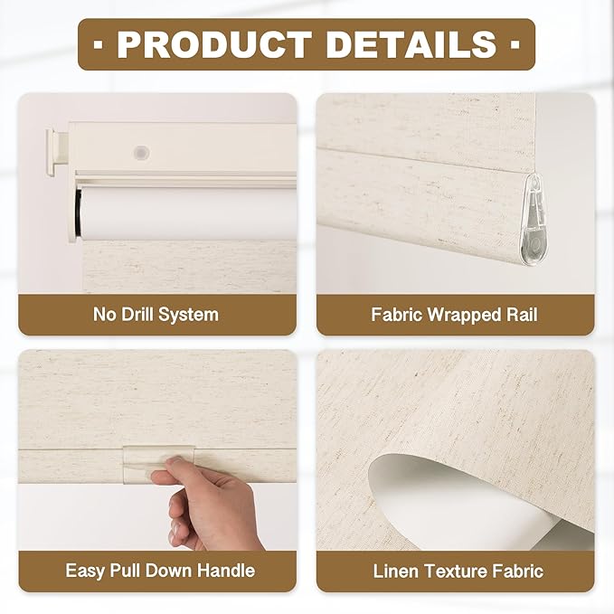 HESTIA No Drill Cordless Blackout Roller Shades Screwless Waterproof Shower Window Blinds, Auto-Retraction Easy Install Blind for Bedroom/Living Room/Kitchen, Cream Linen, 23.5" W x 54" H
