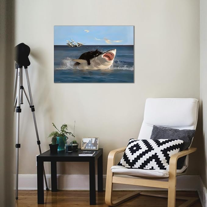 BFKDKG Framed Black Cat Wall Art, Abstract Black Cat Shark Poster, Funny quirky cat and shark pictures canvas prints Wall Decor for Room Bedroom Living Room Bathroom 12x16in