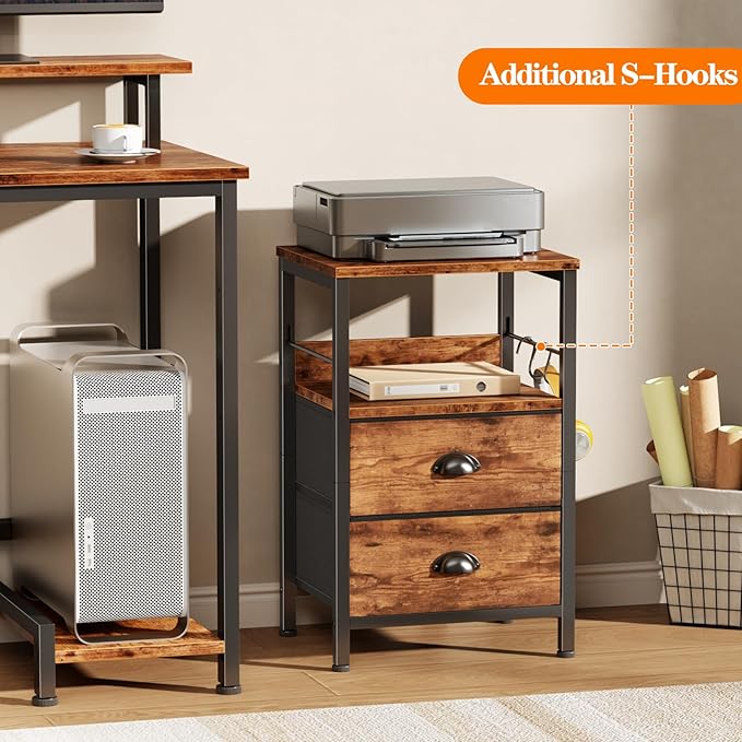 Furologee Nightstand with 2 Fabric Drawers, Night Stand with 2-Tier Shelf, Bedside Table with Hooks, Open Wooden Shelf, End Table for Bedroom, Backboard Design, Metal Frame, Rustic Brown