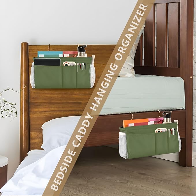 KOPIRIT Dark Cyan Bedside Caddy Storage Bag Bedside Organizer for Headboards Bunk Beds Hanging Storage Organizer 6 Pockets with Hooks for Magazine Water Bottle Holder