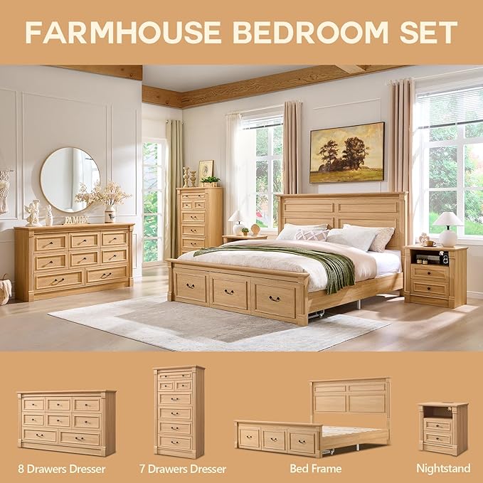 Farmhouse King Size Bed Frame with 51" Tall Headboard, Wood Platform Bed Frame with 20" Tall Roman Column Decoration Footboard & 3 Large Storage Drawers, No Box Spring Needed (Natrual)